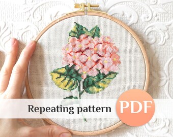 Peach Hydrangea Cross Stitch Pattern, Soft Botanical Chart PDF, Romantic Flower Chart