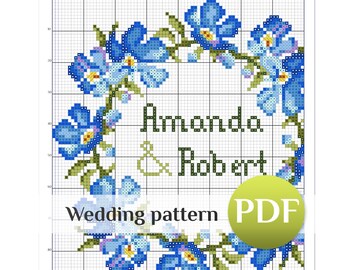 Wedding Wreath Cross Stitch Pattern: Forget-Me-Not Flowers Romantic font Personalized Anniversary (PDF)