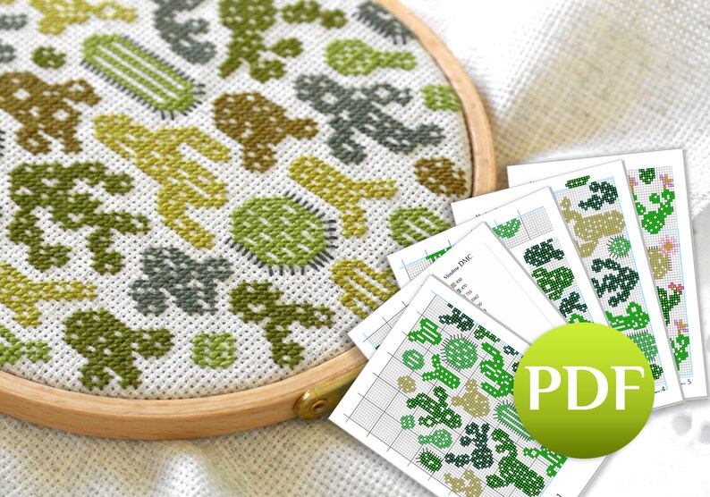SET Cactus cross stitch pattern border Easy cross stitch pdf Plants cross stitch for kitchen Botanical cross stitch for beginners image 1