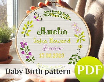 Baby Birth Announcement cross stitch pattern Modern newborn gift Personalized cross stitch Modern cross stitch Baby shower gift