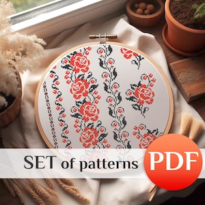 May include: A round embroidery hoop with a floral cross-stitch pattern featuring red roses and black accents. The text "SET of patterns" is visible. A red circle with the text "PDF" is in the lower right corner. The hoop is set against a neutral fabric.