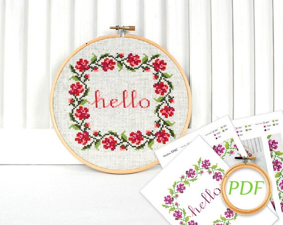 Hello Cross Stitch Pattern Rose Wreath Cross Stitch Ornament PDF Pink  Flower Cross Stitch Hoop Art Wreath Cross Stitch Beginner 