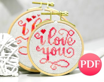 I Love You Cross Stitch Pattern PDF: Valentine's Day hoop crossstitch Romantic mini card