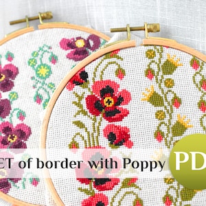 SET borders Red Poppy cross stitch border Red Flower cross stitch pattern PDF Floral crossstitch Modern cross stitch pattern
