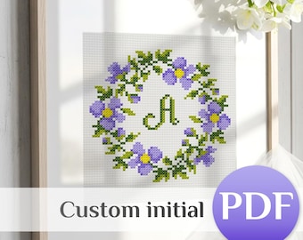 Custom Initial Cross Stitch Wreath Pattern PDF: Personalized Monogram Love Anniversary