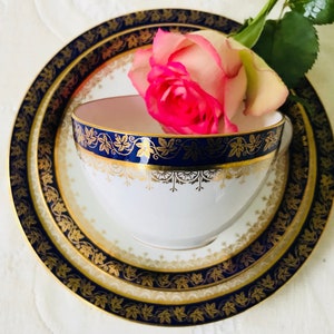 Aynsley Cobalt Blue Gold Grape leaves Teacup Saucer Plate Trio Rare Vine border