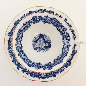 Coalport Blue Tea Cup and Saucer, Coalport dark blue teacup,  England, blue lattice, Coalport dark blue