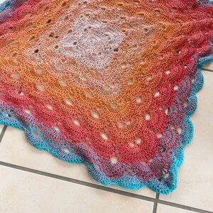 Decorative blanket, hand-crocheted, strong gradient, with glitter thread