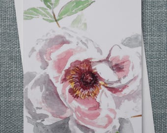 Watercolour peony floral greeting card, blank inside