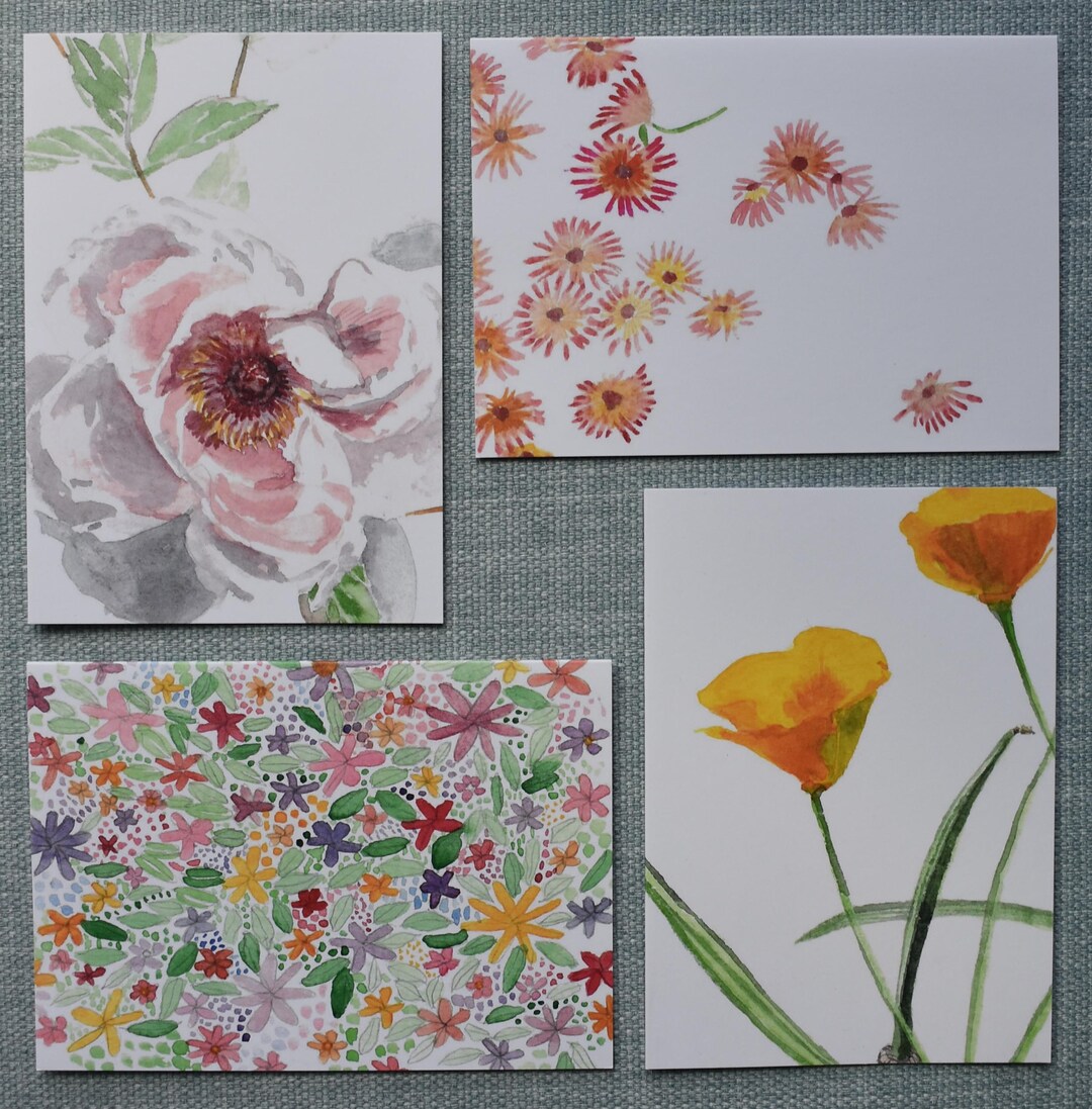 Set of 4 Greeting Cards - Flowers Theme, Blank Inside - Etsy