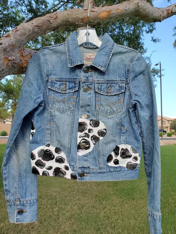 Hand Painted Cow Print Denim Jacket - Etsy