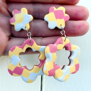 Flower Polymer Clay Earrings/Flower Jewelry/Checker Board Jewelry/Polymer Clay Jewelry/Personalized Gift/Gift