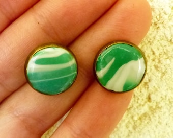 Green and White Marbled Ear Chips/Marble ear chip/polymer clay/bronze/earrings