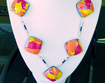 Watercolor Mosaic Hollow Beads Necklace/watercolor mosaic jewelry/multicolor necklace/watercolor mosaic polymerclay/multicolor necklace