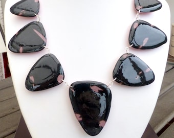 Black and Pink Iridescent Almond Necklace/Black and Pink Iridescent Necklace/Black and Pink Jewelry/Polymer Clay