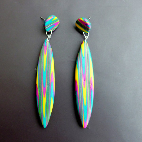 COLLECTION ETE 2020 Boucles d'oreille Plume Lignes Verticales Colorées Pâte Polymère/Colorful Vertical Lines Feather Earrings/Sun Jewelry/