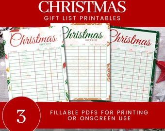 Printable / Editable / Fillable Christmas Gift List - Fun Holiday Designs