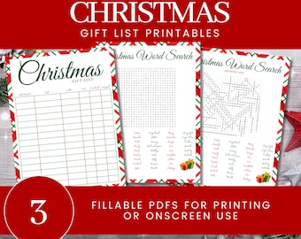 Printable Christmas Word Search with Answer Key and Editable/Fillable Gift List - Candy Cane Plaid Patterns