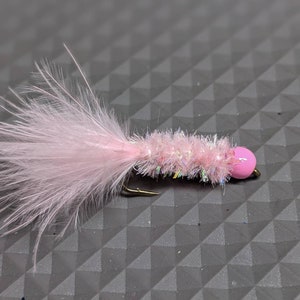 May include: Pink fly tying material with a pink bead head. The fly is tied with a pink feather tail and a pink body.