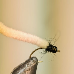 May include: A white and black fly fishing lure with a white fuzzy body and a black head.