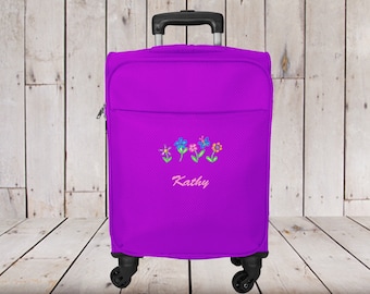 Petit bagage à main à roulettes pour enfants personnalisé avec broderie de fleurs