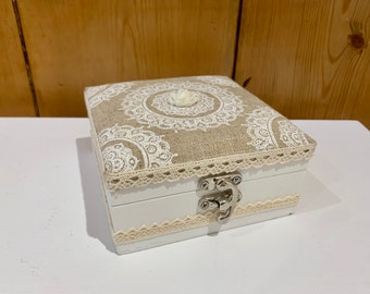 jewelry box, wood and linen