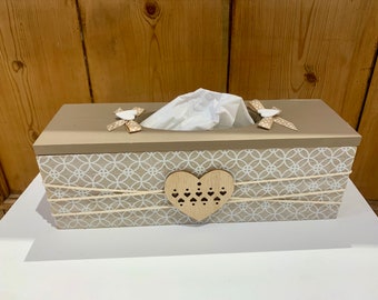 white taupe tissue box, wood, heart