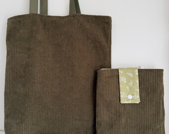 Handmade velvet tote bag, khaki