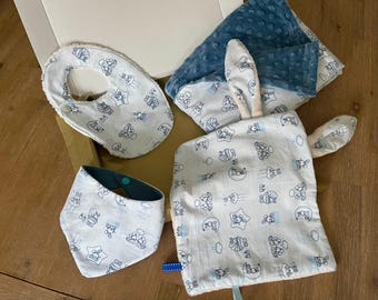 baby gift set, rabbits, blue and white
