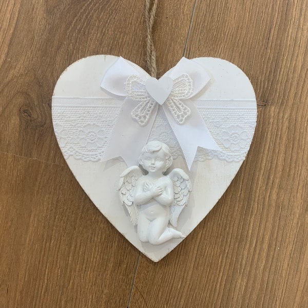 coeur à suspendre, coeur en bois, shabby blanc, ange