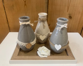 Tray of soliflores, vases, taupe and white, shabby