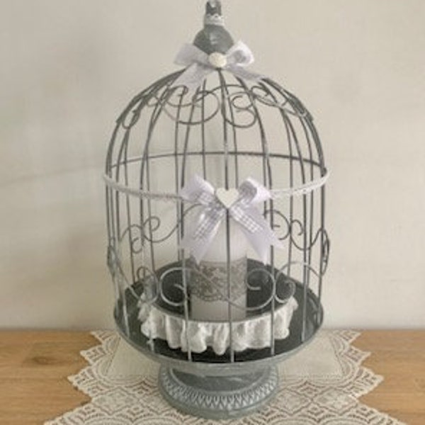 cage shabby, romantique ,grise et blanche ,bougie, camée