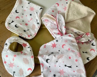 baby gift set, stars; pink and white