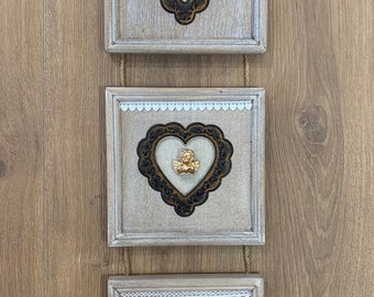 wooden heart frames and taupe lace, angels