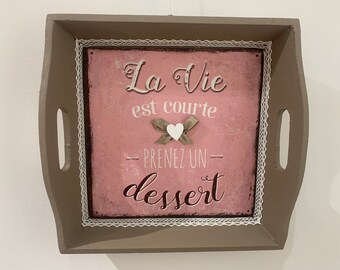 kitchen decoration tray, taupe and pink