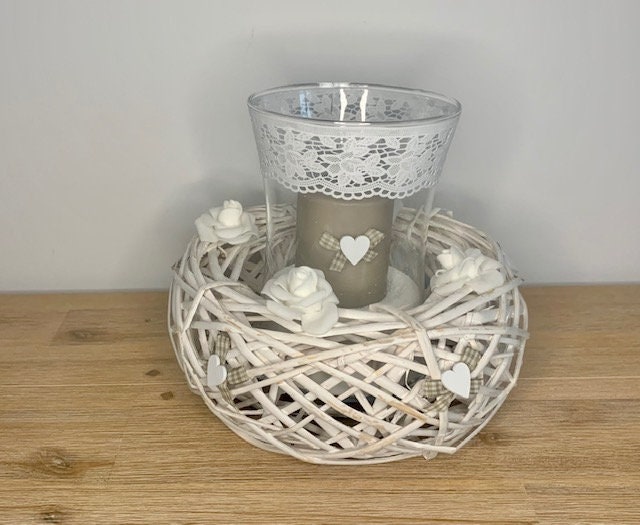 Bougeoir Osier , Petites Roses et Coeurs