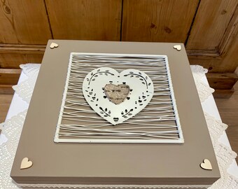 tea box, jewelry box, taupe and white, heart