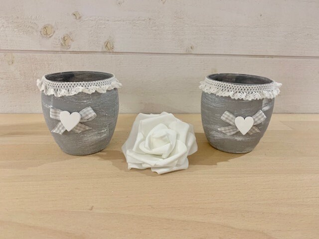 Duo de Pot à Crayons, ou Cotons, Gris , Coeur et Dentelle
