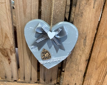 Heart to hang, wooden heart, gray and white