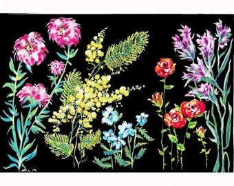 Peinture, fleurs, tableau, pour sous-verre, gouache, multicolore, fond noi