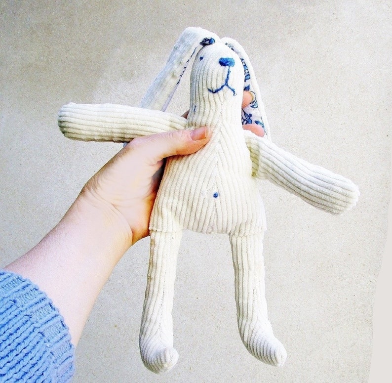 Doudou rabbit, toy, plush, security blanket, handmade, birth, birth gift, baby, child, white, blue image 6