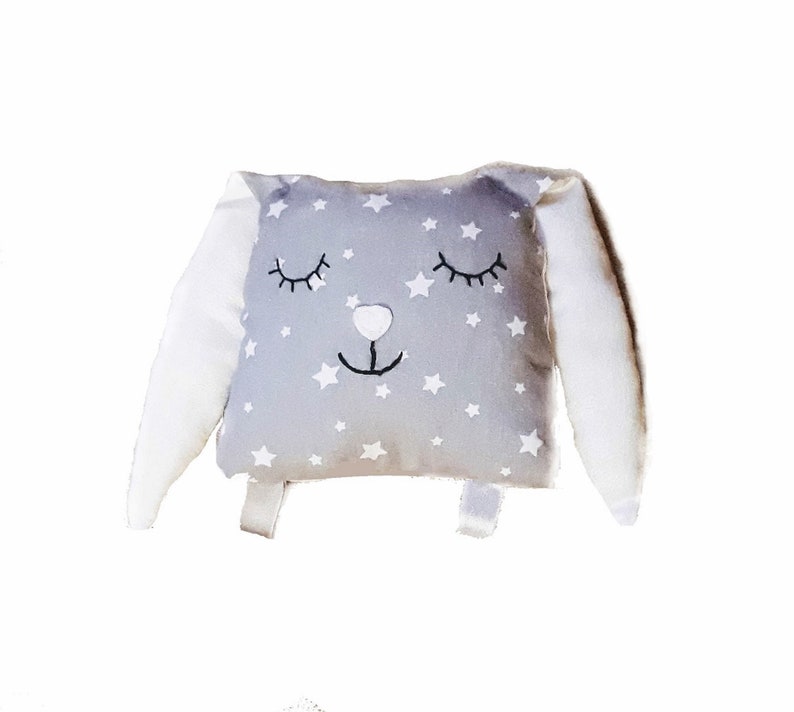 Doudou lapin, coussin doudou, jouet peluche, gris perle, blanc, étoile image 4