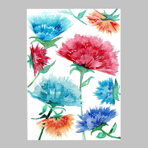 Carte , aquarelle originale, botanique, fleurs,  tableau, peinture, rouge, cadeau, pour sous-verre