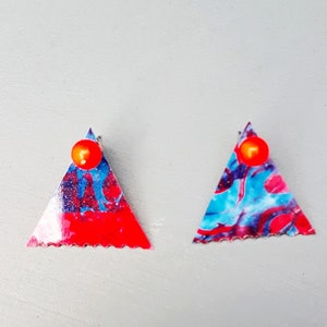 Boucles d'oreille, clous d'oreille, arty, ethnique, up-cycling, rouge, bleu turquoise, fait-main image 2