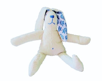 Doudou lapin, jouet, peluche, security blanket, fait-main, naissance, cadeau naissance, bébé, enfant, blanc, bleu