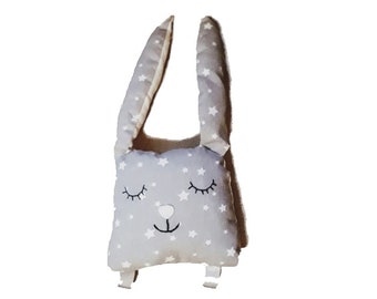 Doudou lapin, coussin doudou, jouet peluche, gris perle, blanc, étoile