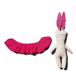 Doudou lapin, jouet peluche, lin écru, rose, fuchsia image 3