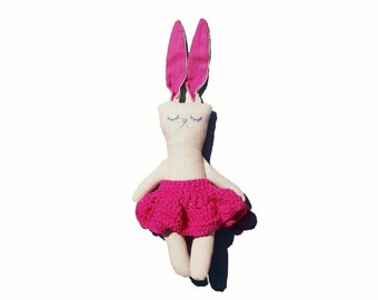 Doudou lapin,  jouet peluche, lin écru, rose, fuchsia