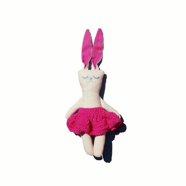 Doudou lapin,  jouet peluche, lin écru, rose, fuchsia