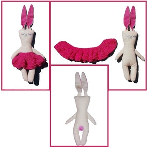 Doudou lapin, jouet peluche, lin écru, rose, fuchsia image 5